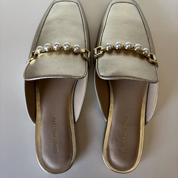 Stuart Weitzman Gold Perla Flat Mule Pearl Chain Size 8 New - Picture 6 of 10